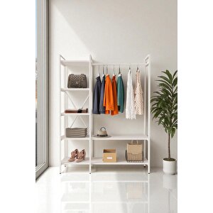 Nilamu Beyaz Elbise Dolabı | Metal Gövdeli Açık Askılık & Organizer Dolap 130×170×34 Cm