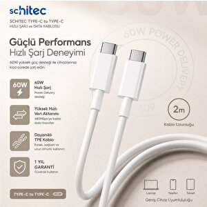 Schitec 6a 60w Type-c To Type-c 2metre Süper Hızlı Data Ve Şarj Kablosu Beyaz