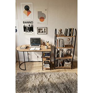 Falez Çalışma Masası Ve Kitaplık Seti Metal Ayaklı,minimalist Tasarım,geniş Masa Alanı,çok Raflı Atlantik Çam