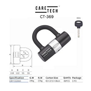 Caretech Ct-369 Disk Kilidi Motosiklet/bisiklet 14mm Çelik Su Dayanıklı 4 Anahtar U Bar Kilit 11.8x12cm