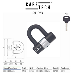 Caretech Ct-323 Disk Kilidi Motosiklet/bisiklet 12mm Çelik Suya Dayanıklı 4 Anahtar U Bar Kilit 10x10cm