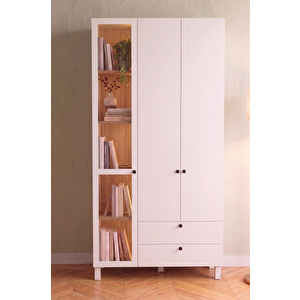 Silva Temperli Camlı Neon Led Işıklı 3 Kapaklı 2 Çekmeceli Gardırop Elbise Dolabı Ahşap Ayaklı Sepet-beyaz 184cm