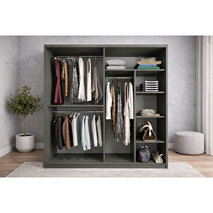 Osvin Tamamı Mdf Sürgü Kapaklı Dolap Gardırop Füme 180 Cm - Montaj Dahil