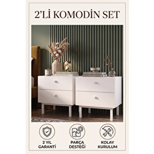 2'li Komodin Set 2 Çekmeceli Ahşap Ayaklı Beyaz