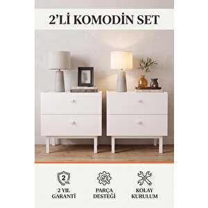 2'li Komodin Set 2 Çekmeceli Ahşap Ayaklı Beyaz