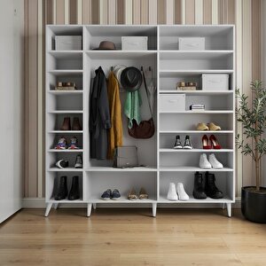 Alara Tamamı Mdf Aynalı Portmanto Vestiyer Ayakkabılık Beyaz 175 Cm - Montaj Dahil M12