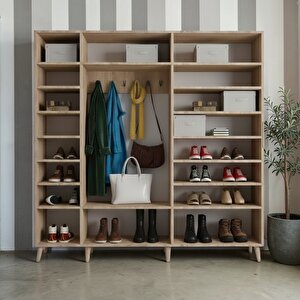 Alara Tamamı Mdf Aynalı Portmanto Vestiyer Ayakkabılık Meşe 175 Cm - Montaj Dahil M12