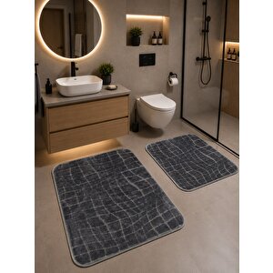 Premium 2'li Banyo Paspas Seti Kaymaz Taban Yumuşak Dokulu 60x100 & 50x60 Füme Antrasit