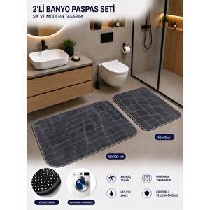 Premium 2'li Banyo Paspas Seti Kaymaz Taban Yumuşak Dokulu 60x100 & 50x60 Füme Antrasit