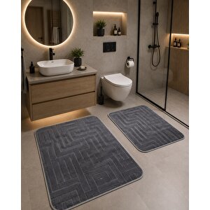 Premium 2'li Banyo Paspas Seti Kaymaz Taban Yumuşak Dokulu 60x100 & 50x60 Füme Antrasit