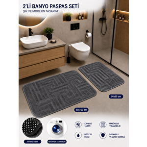 Premium 2'li Banyo Paspas Seti Kaymaz Taban Yumuşak Dokulu 60x100 & 50x60 Füme Antrasit