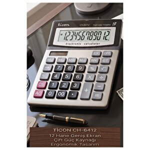 Hesap Makinesi Siyah Gri 14.5x19cm 1 Adet Ticon Ch-6412 12 Haneli Orta Boy Ofis Büro Masaüstü Hesap Makinası