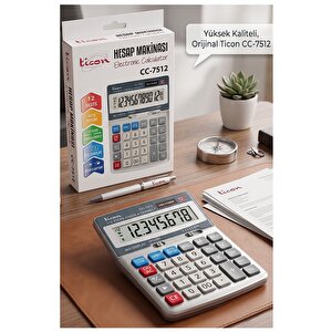 Hesap Makinesi Gri 12x17 Cm 1 Adet Ticon Th-7512 12 Haneli Hafızalı Orta Boy Ofis Büro Masaüstü Hesap Makinası