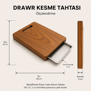 Woodperest Drawr İroko Kesme Tahtası Gn 1/2, 2 Cm Derinlikte Paslanmaz Çelik Küvetli,