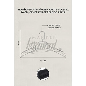 10 Adet Gold Kanca Siyah Abs Plastik Askı Ceket Elbise Askısı Kıyafet Askısı Genişlik:44 Cm