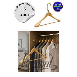 5 Adet Ev Tipi Masif Ahşap 44 Cm Gold Kanca Ceket Askısı Takım Elbise Askısı Kıyafet Askısı