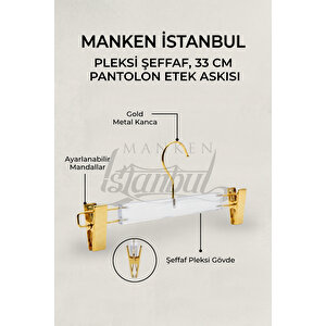 Business Class 3 Adet Pleksi Şeffaf Gold Kanca Mandallı Pantolon Askısı Etek Askısı