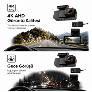 Bagajon 4k Pro Ultra Hd Wifi Gps Adas Araç İçi Kamera | Yapay Zeka, Gece Görüşü, G-sensör, 24 Saat Park Modu, Ön + Arka Kamera