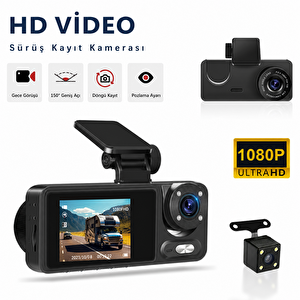 Bagajon C309 3 Kameralı Araç İçi Kamera Full Hd 1080p Ön İç Arka Kamera Gece Görüşlü 150° Geniş Açı G-sensör Döngü Kayıt Dash Cam