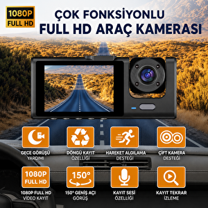 Bagajon C309 3 Kameralı Araç İçi Kamera Full Hd 1080p Ön İç Arka Kamera Gece Görüşlü 150° Geniş Açı G-sensör Döngü Kayıt Dash Cam