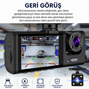Bagajon C309 3 Kameralı Araç İçi Kamera Full Hd 1080p Ön İç Arka Kamera Gece Görüşlü 150° Geniş Açı G-sensör Döngü Kayıt Dash Cam