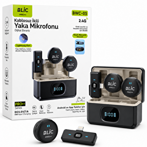 Bwc-05 Kablosuz İkili Yaka Mikrofonu Lightning Girişli Dijital Ekranlı 2.4g Canlı Yayın Ve Video Kayıt Mikrofonu