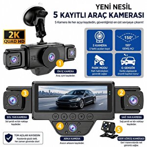 5 Kameralı N89 Araç İçi Kamera 2k Quad Hd Ön İç Arka Yan Kameralı Wifi Gece Görüşlü G-sensör 150° Geniş Açı Araç Kayıt Kamerası