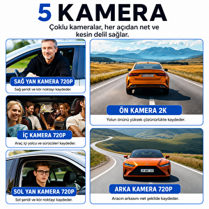 5 Kameralı N89 Araç İçi Kamera 2k Quad Hd Ön İç Arka Yan Kameralı Wifi Gece Görüşlü G-sensör 150° Geniş Açı Araç Kayıt Kamerası