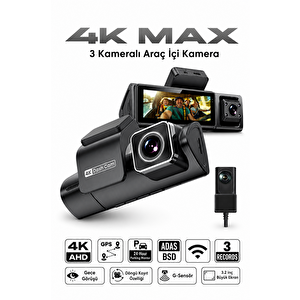 Bagajon 3 Kameralı Yapay Zekâ Destekli 4k Araç İçi Kamera | Ön İç Arka Kamera Wifi Gps Adas 24 Saat Park Modu Gece Görüşlü
