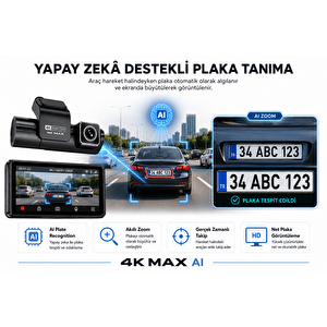Bagajon 3 Kameralı Yapay Zekâ Destekli 4k Araç İçi Kamera | Ön İç Arka Kamera Wifi Gps Adas 24 Saat Park Modu Gece Görüşlü