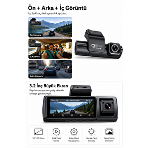 Bagajon 3 Kameralı Yapay Zekâ Destekli 4k Araç İçi Kamera | Ön İç Arka Kamera Wifi Gps Adas 24 Saat Park Modu Gece Görüşlü