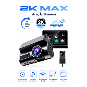 Bagajon 2k Max Araç İçi Kamera 4g Çift Kameralı Wifi Gps Uzaktan Canlı İzleme Gece Görüşlü G-sensör 24 Saat Park Modu