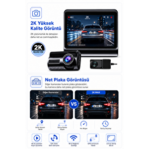 Bagajon 2k Max Araç İçi Kamera 4g Çift Kameralı Wifi Gps Uzaktan Canlı İzleme Gece Görüşlü G-sensör 24 Saat Park Modu