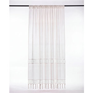 Dantel Püsküllü Ekru Tül Perde Rod Pocket Dikim Kişiselleştirilebilir Özel Ölçü 150x260 cm