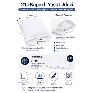 2 Li Sıvı Geçirmez Yastık Alezi Pamuklu Kapaklı 50x70+20 Cm