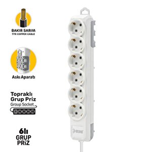 Sgs3493 Grup Priz Topraklı Altılı 5 Metre, Uzatma Kablosu, Üçyol