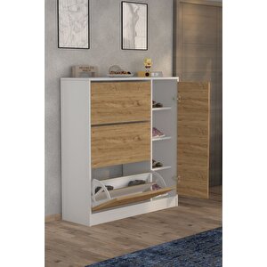 Milano 3 Kapaklı Kayar Raflı Dolaplı Ayakkabılık  Meşe Beyaz