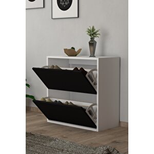 2 Kapaklı Kayar Raflı Ayakkabılık Siyah Siyah