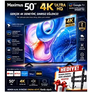 Maximus 50 İnç 127 Ekran 4k Ultra Hd Google Tv Dahili Uydu Alıcılı Smart Led Tv + Duvar Askı Aparatı Hediyeli