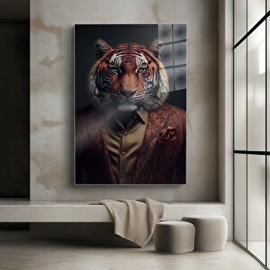 Şık Aslan Portresi Cam Tablo | Modern Duvar Dekoru, Uv Baskı, Ev & Ofis Dekorasyonu 50 x 70 cm