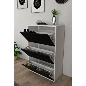 3 Kapaklı Kayar Raflı Ayakkabılık Siyah Siyah