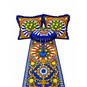 Missidea Limona Blue Bohem Ledli  Bali Şemsiyesi Seti (led'li Şemsiye + 2 Adet Kırlent + Runner)