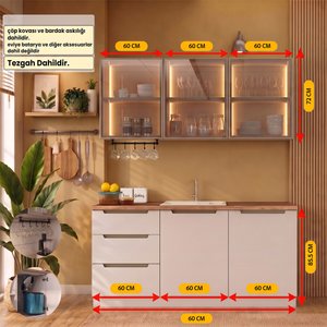 Eymense Hera 180 Cm Mutfak Dolabı Seti %100 Mdf Ledli Çekmeceli Lavabolu Raflı Mutfak Dolabı Takımı 6 Modül Tezgah Dahil Bej