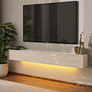 İnarch Dizayn Alba Led Işıklı Duvara Monte Tv Sehpası - 3 Kapaklı Tasarım Traverten