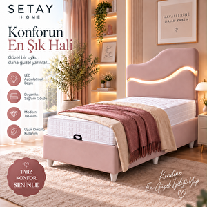 İkili Baza Seti, Merry Ledli Tek Kişilik Baza Başlık Seti, 90x190 cm - Pembe