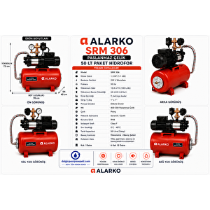 Srm 306 - 1.5 Hp 220v 50 Lt Tanklı Yatay Paslanmaz Çelik Paket Hidrofor (6 Kat / 12 Daire)