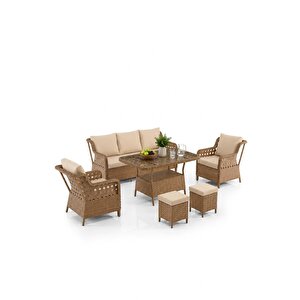 Zen Rattan Puflu Bahçe Balkon Takımı 3+1+1 Kahverengi