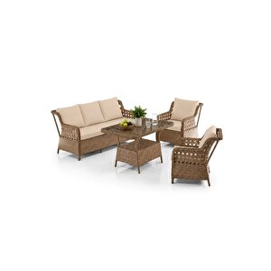 Zen Rattan Puflu Bahçe Balkon Takımı 3+1+1 Kahverengi