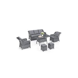 Zen Rattan Puflu Bahçe Balkon Takımı 3+1+1 Antrasit