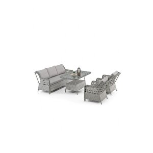 Zen Rattan Puflu Bahçe Balkon Takımı 3+1+1 Gri